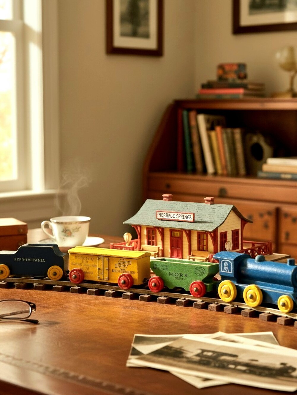 Vtg Strombecker Wooden Small Toy Train Set 1940s Original Paint Stamped Graphics